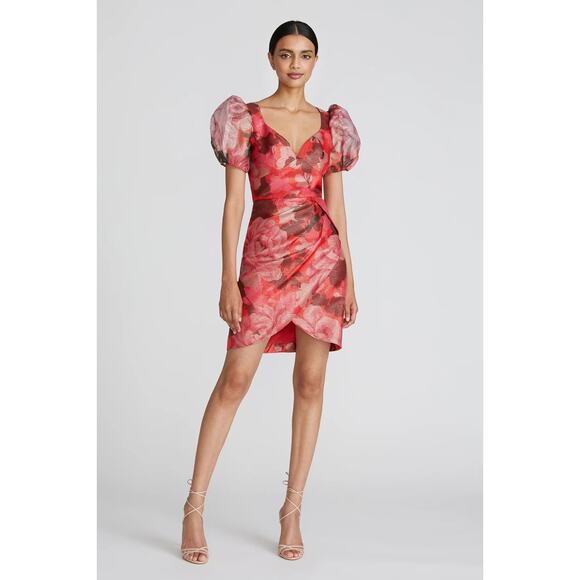 Theia Sybille Puff Sleeve Cocktail Mini Dress Metallic Shadow Peony Plus Size 16 - Picture 1 of 8